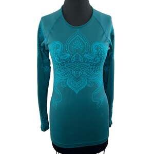 ATHLETA Tattoo Twist Teal Blue Printed Long Sleeve Slim Base Layer Active Top S